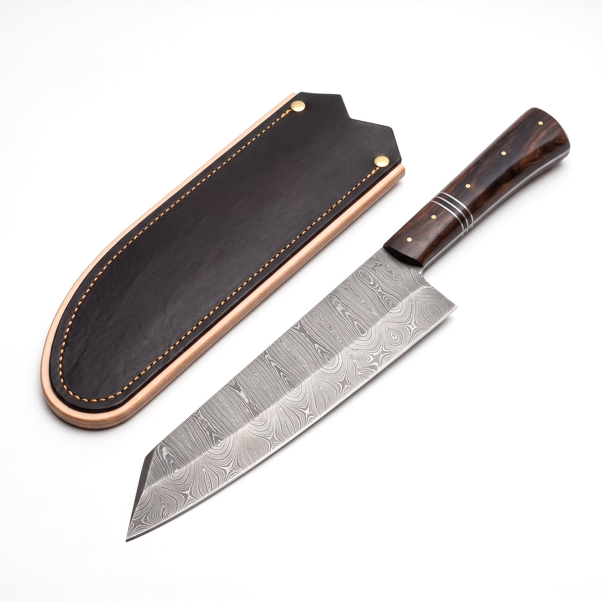 9.75" Damascus Chef Knife | Hardwood & Brass, three-quarter view with the Crownridge blade guard