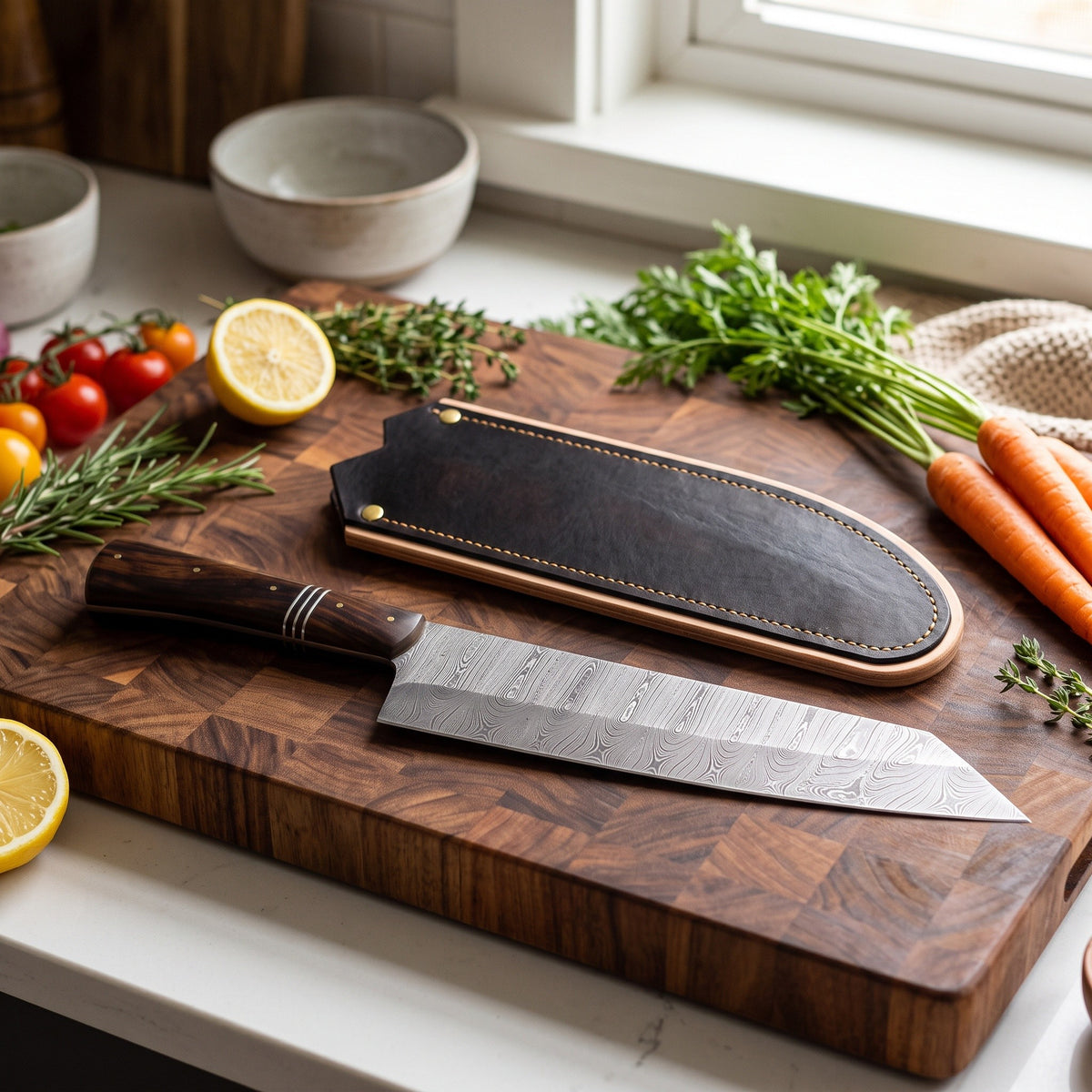 9.75" Damascus Chef Knife | Hardwood & Brass, with the Crownridge blade guard in use