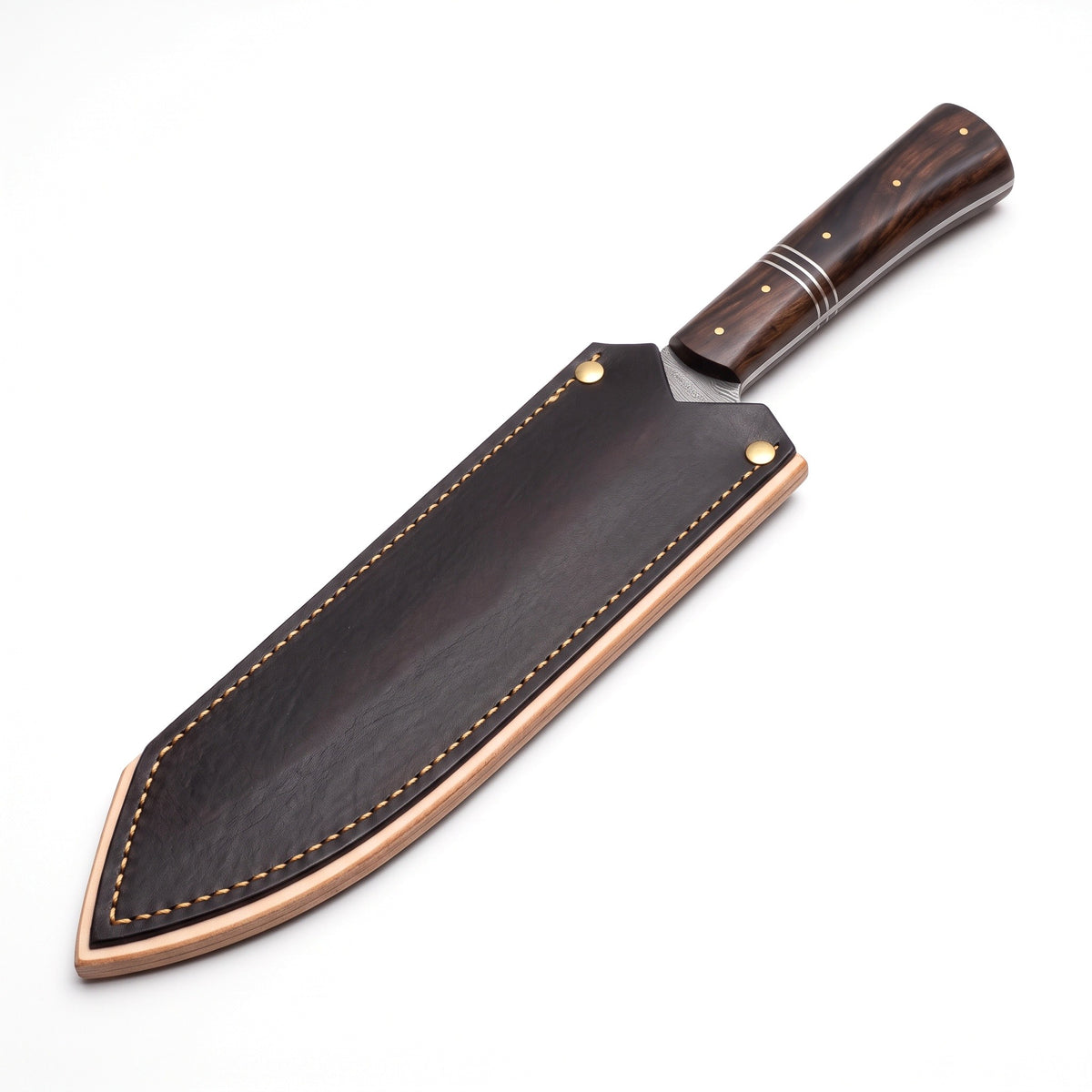 9.75" Damascus Chef Knife | Hardwood & Brass, seated in the Crownridge blade guard