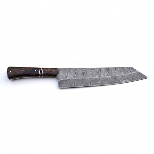 9.75" Damascus Chef Knife | Hardwood & Brass, side profile on white