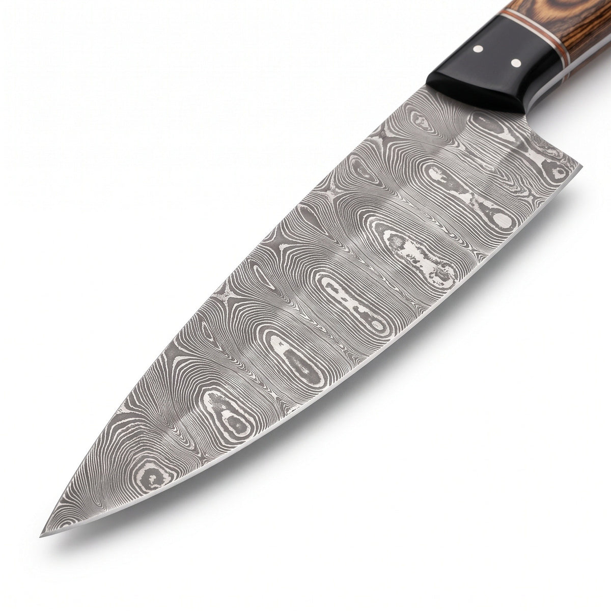 11" Damascus Chef Knife | Pakka Wood, Damascus blade close-up