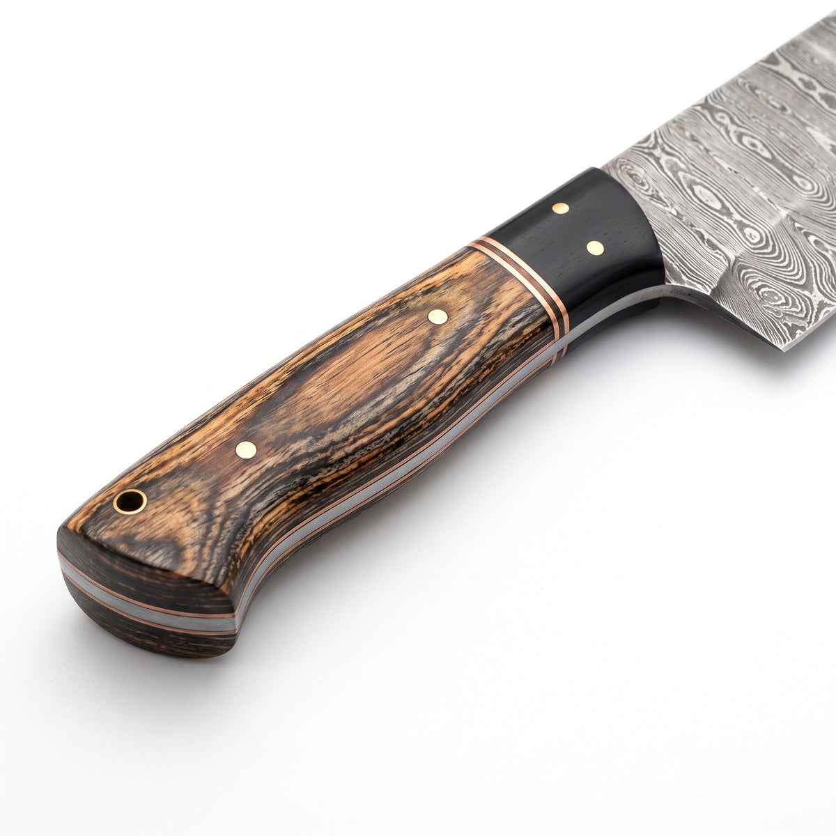 11" Damascus Chef Knife | Pakka Wood, handle and fittings close-up