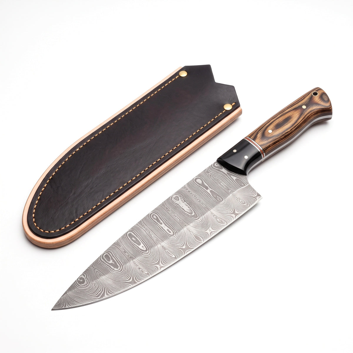 11" Damascus Chef Knife | Pakka Wood, three-quarter view with the Crownridge blade guard
