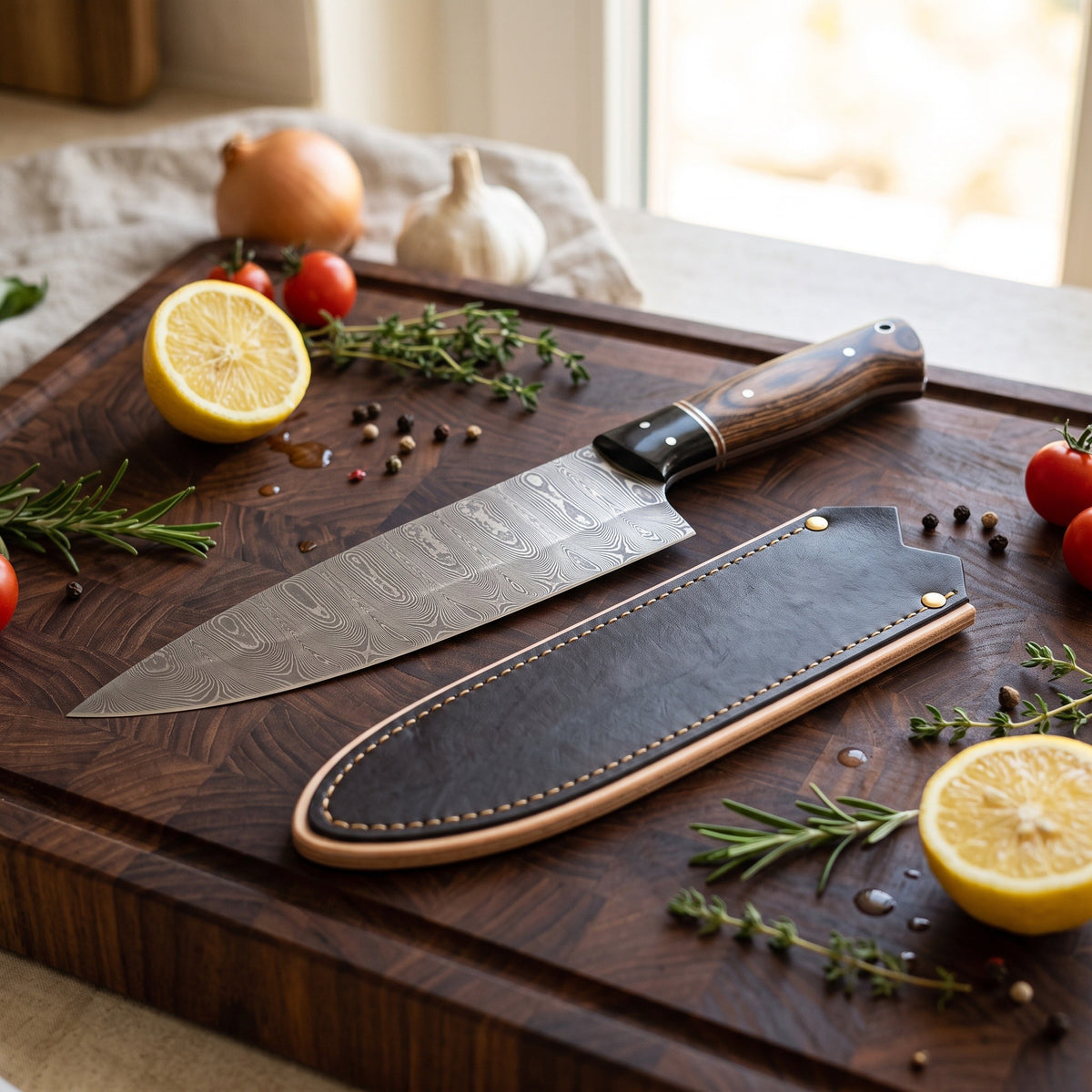 11" Damascus Chef Knife | Pakka Wood, with the Crownridge blade guard in use