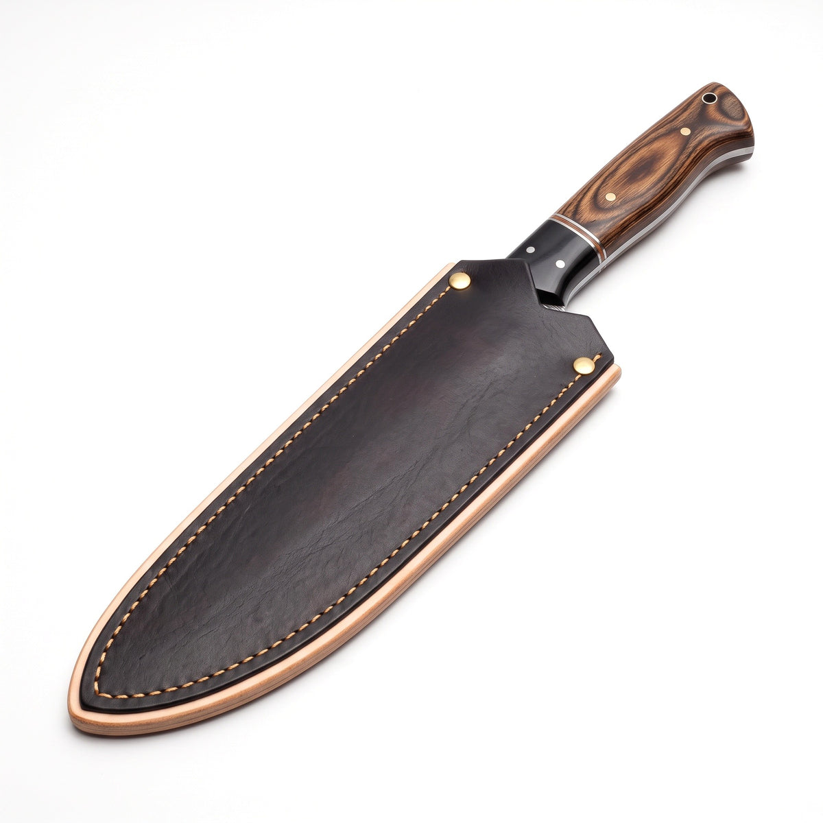 11" Damascus Chef Knife | Pakka Wood, seated in the Crownridge blade guard