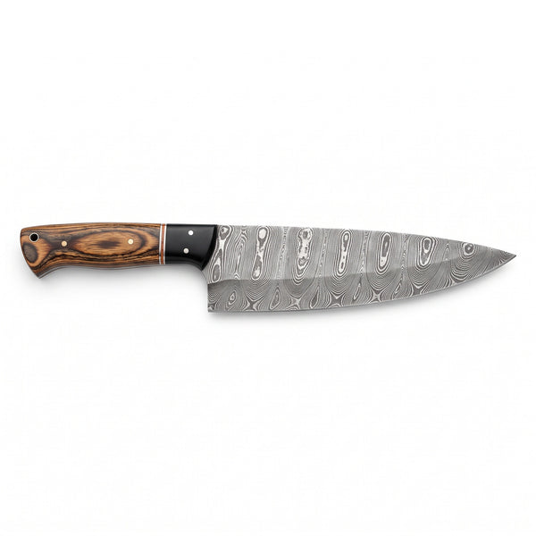 11" Damascus Chef Knife | Pakka Wood, side profile on white