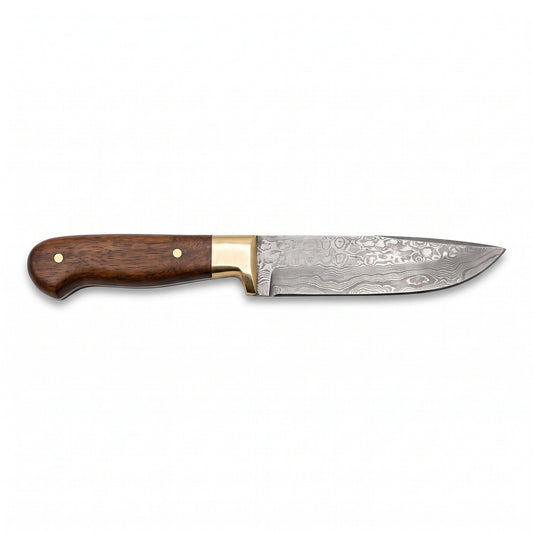 6.3" Damascus Utility Knife | Walnut & Brass, side profile on white