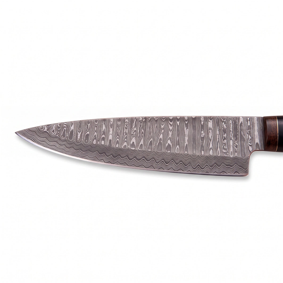 13" Damascus Chef Knife | Olive Pakka Wood, Damascus blade close-up