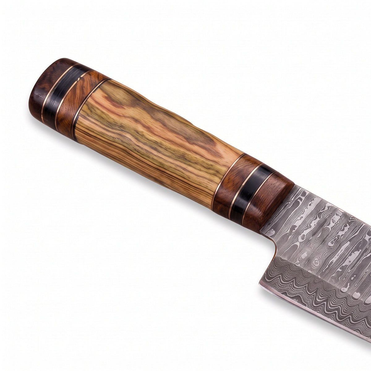 13" Damascus Chef Knife | Olive Pakka Wood, handle and fittings close-up