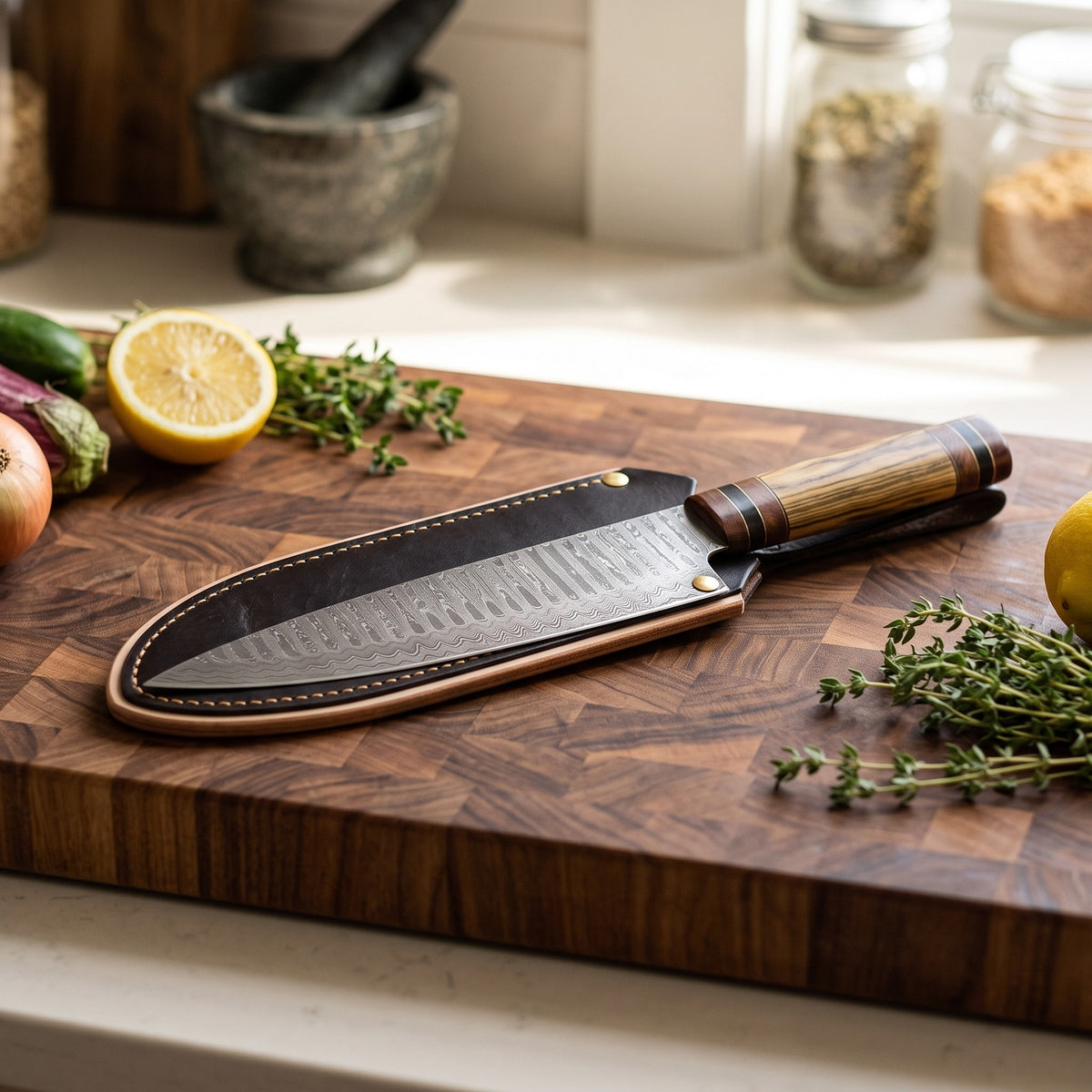 13" Damascus Chef Knife | Olive Pakka Wood, with the Crownridge blade guard in use