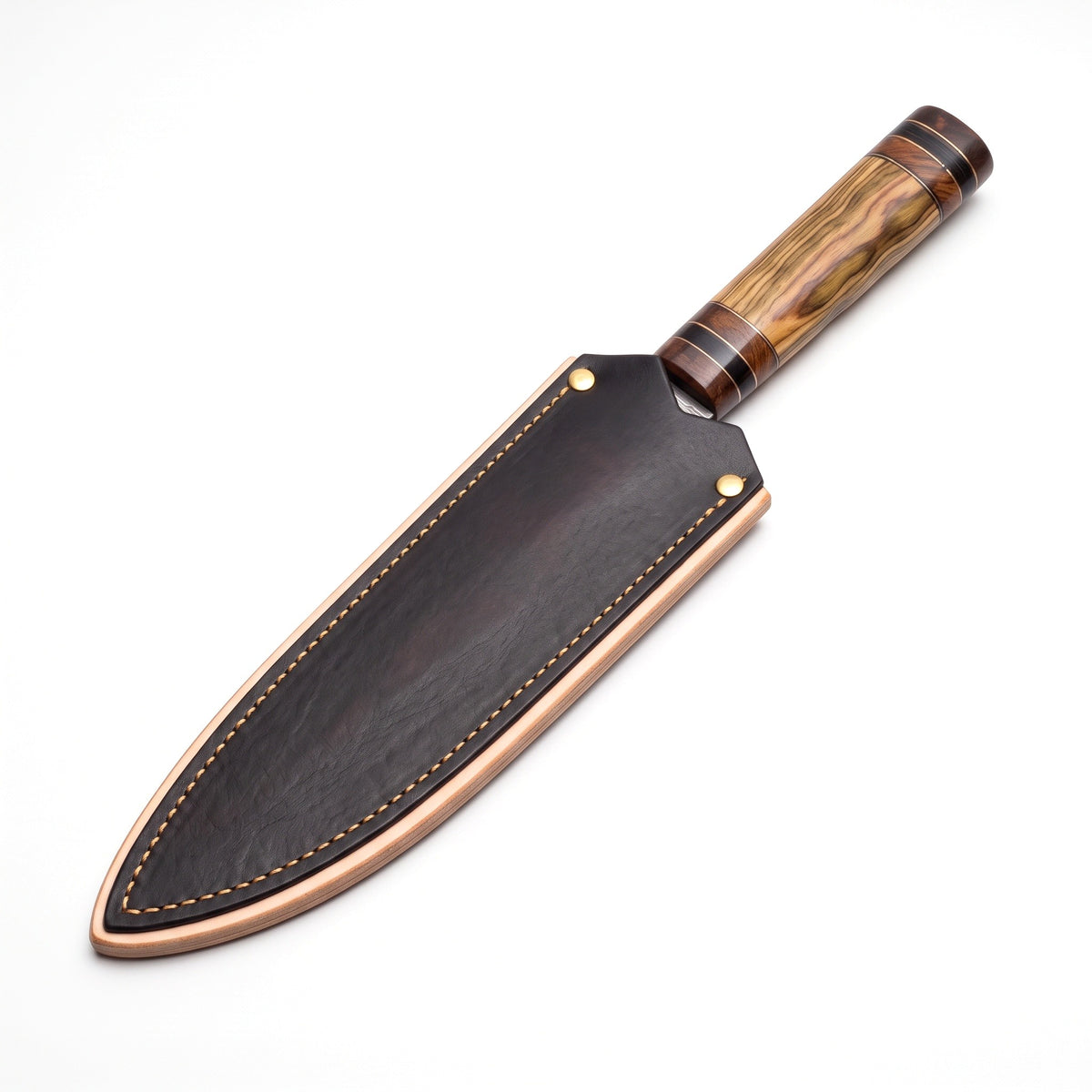 13" Damascus Chef Knife | Olive Pakka Wood, seated in the Crownridge blade guard
