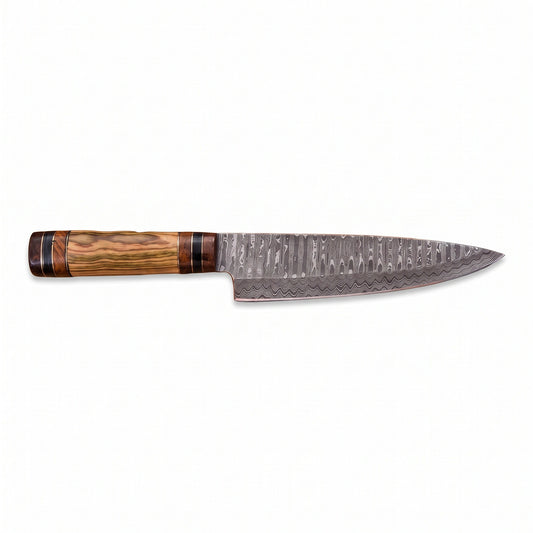 13" Damascus Chef Knife | Olive Pakka Wood, side profile on white