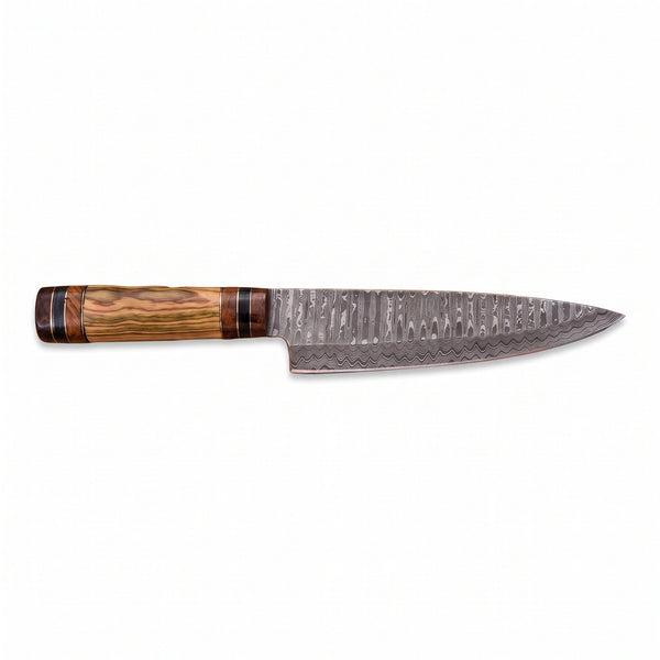 13" Damascus Chef Knife | Olive Pakka Wood, side profile on white