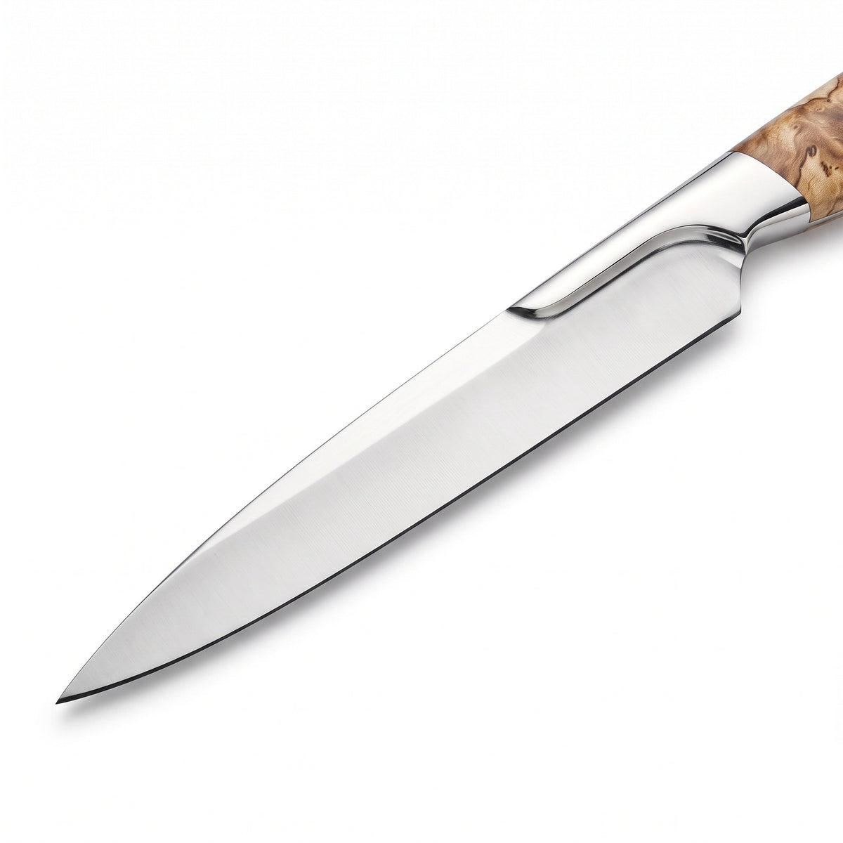 13" Satin Steel Carving Knife | Figured Burl, satin steel blade close-up