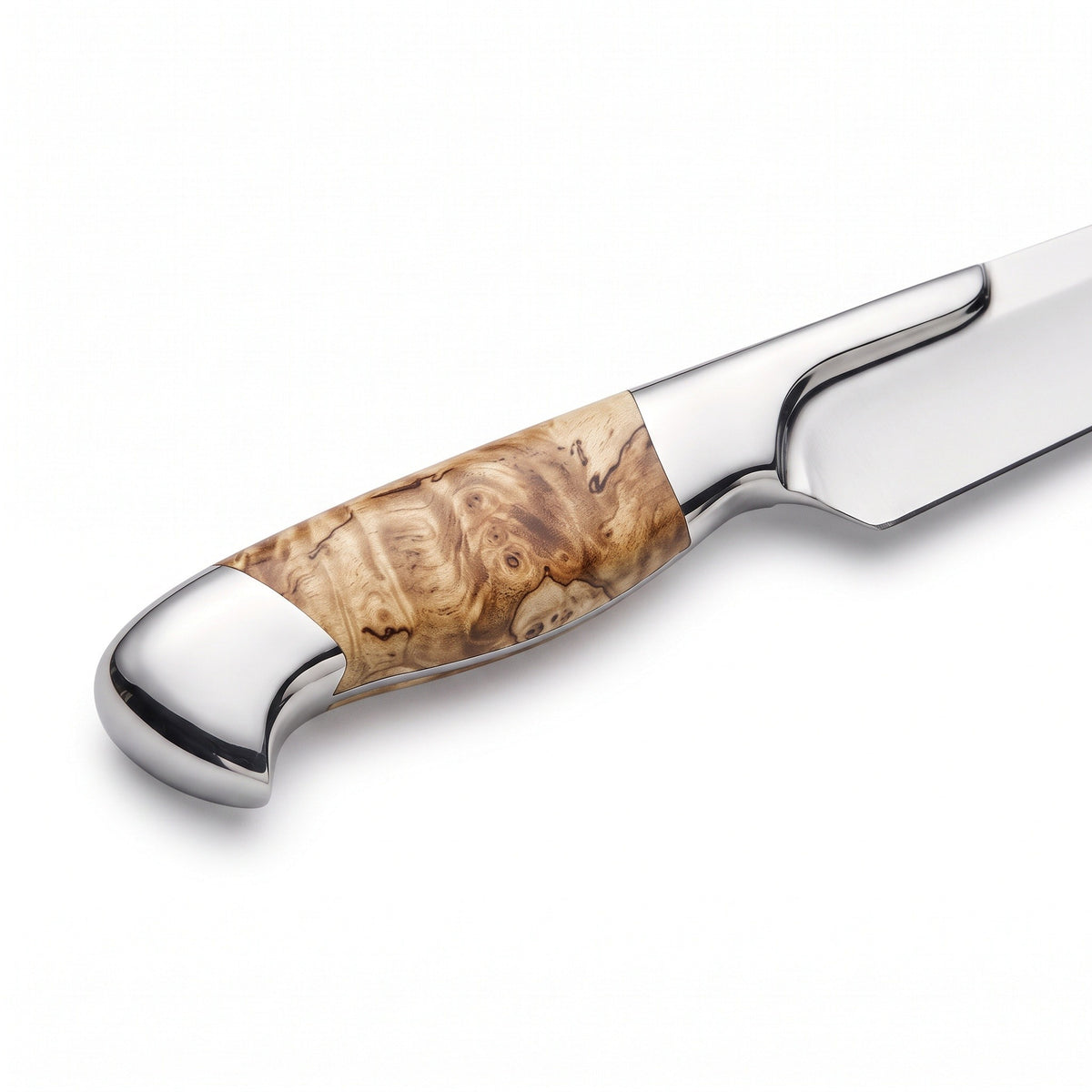 13" Satin Steel Carving Knife | Figured Burl, handle and fittings close-up