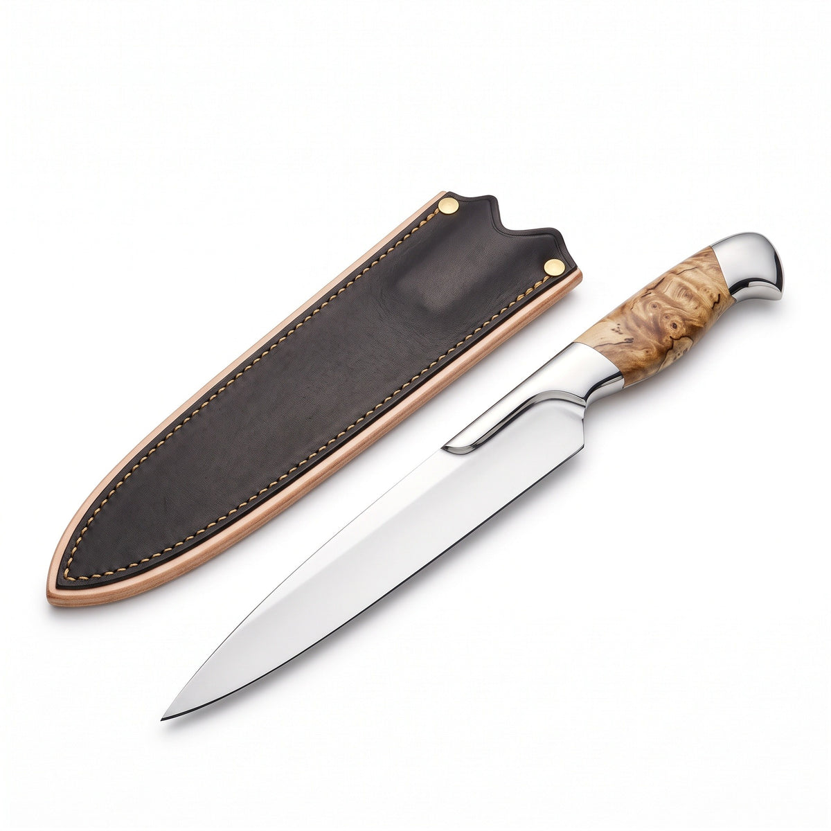 13" Satin Steel Carving Knife | Figured Burl, three-quarter view with the Crownridge blade guard
