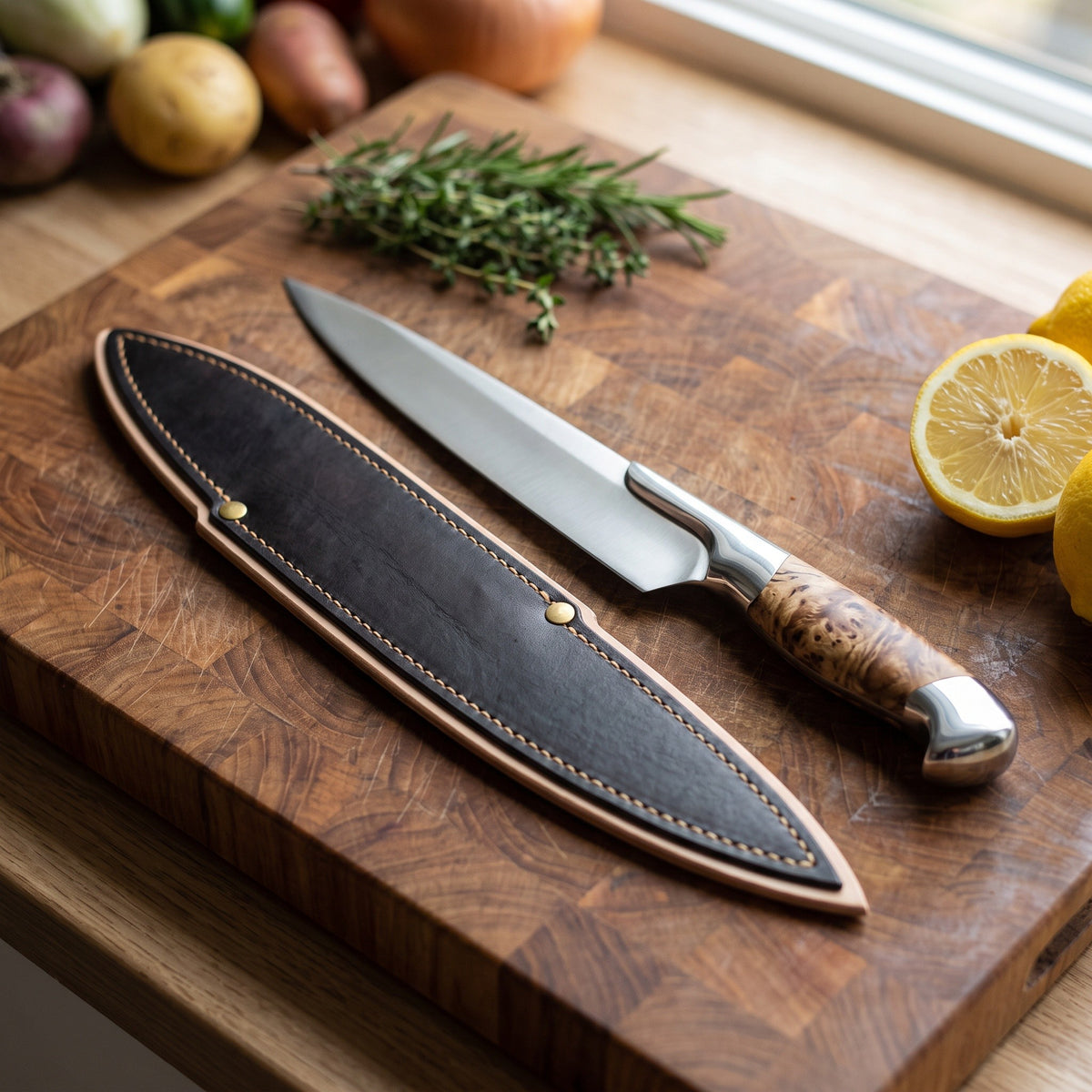 13" Satin Steel Carving Knife | Figured Burl, with the Crownridge blade guard in use