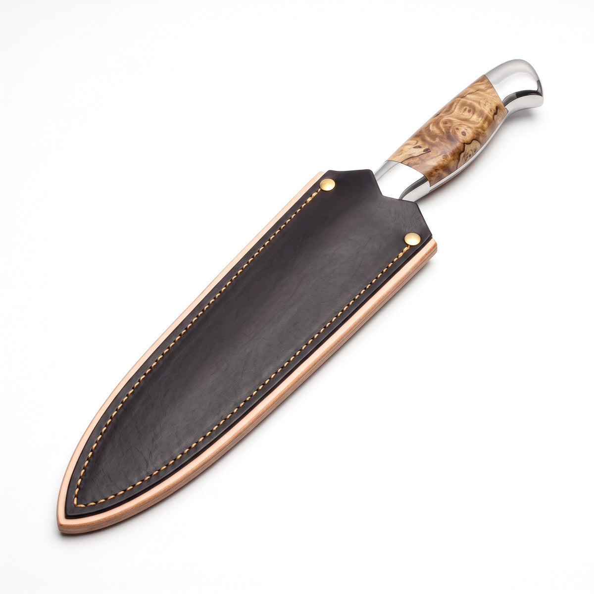 13" Satin Steel Carving Knife | Figured Burl, seated in the Crownridge blade guard