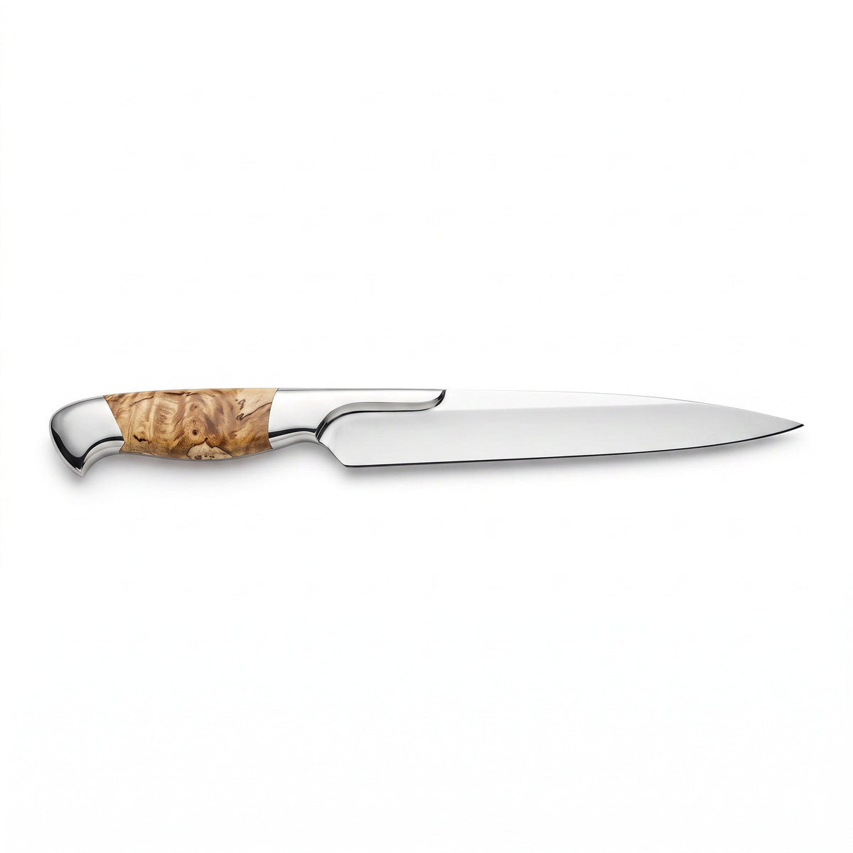 13" Satin Steel Carving Knife | Figured Burl, side profile on white