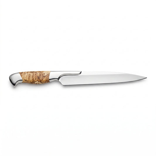 13" Satin Steel Carving Knife | Figured Burl, side profile on white