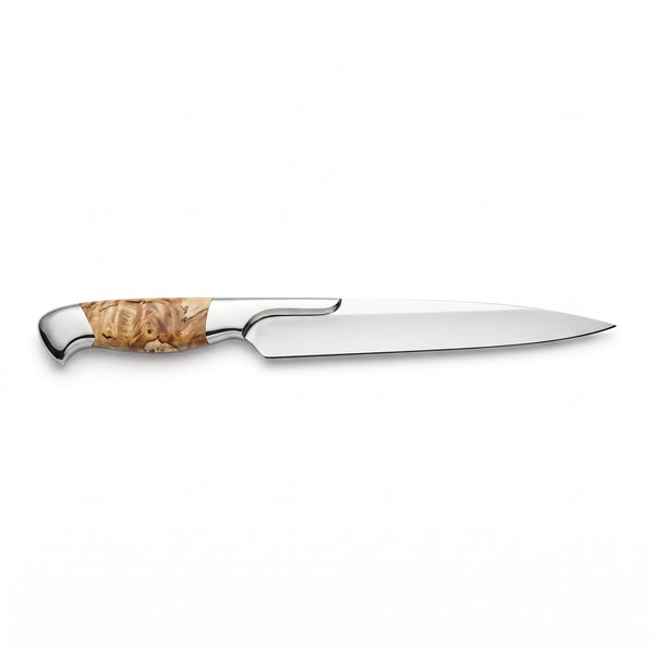 13" Satin Steel Carving Knife | Figured Burl, side profile on white
