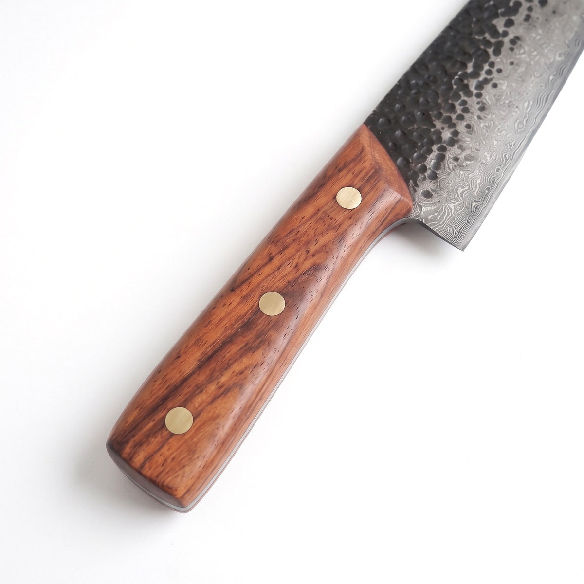 2-Piece Damascus Kitchen Knife Set | Rosewood & Brass, handle and fittings close-up