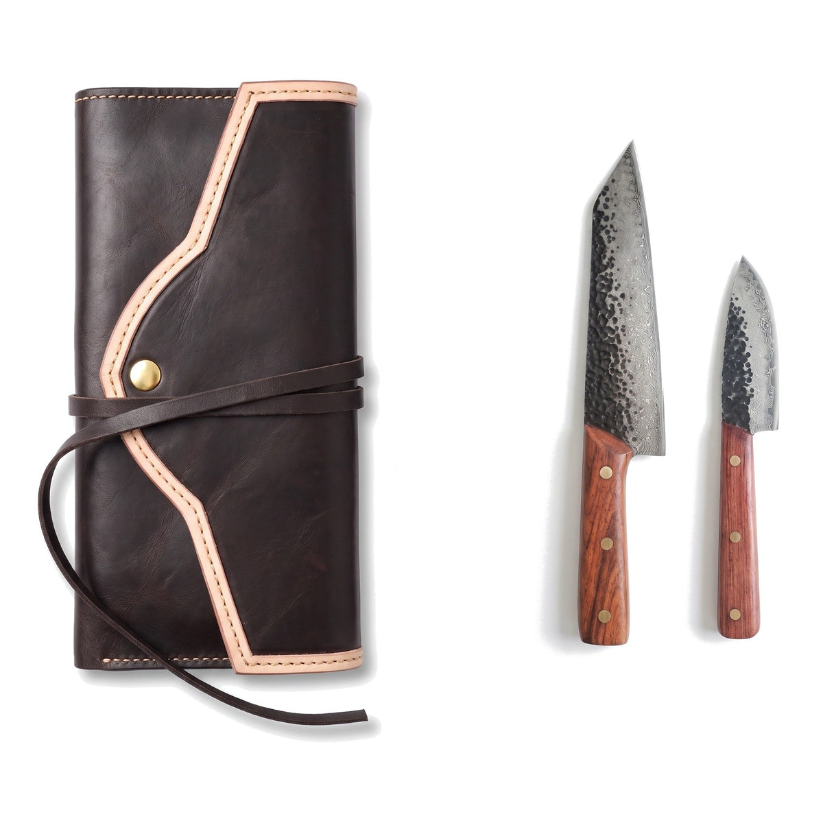 2-Piece Damascus Kitchen Knife Set | Rosewood & Brass, three-quarter view with the Crownridge knife roll