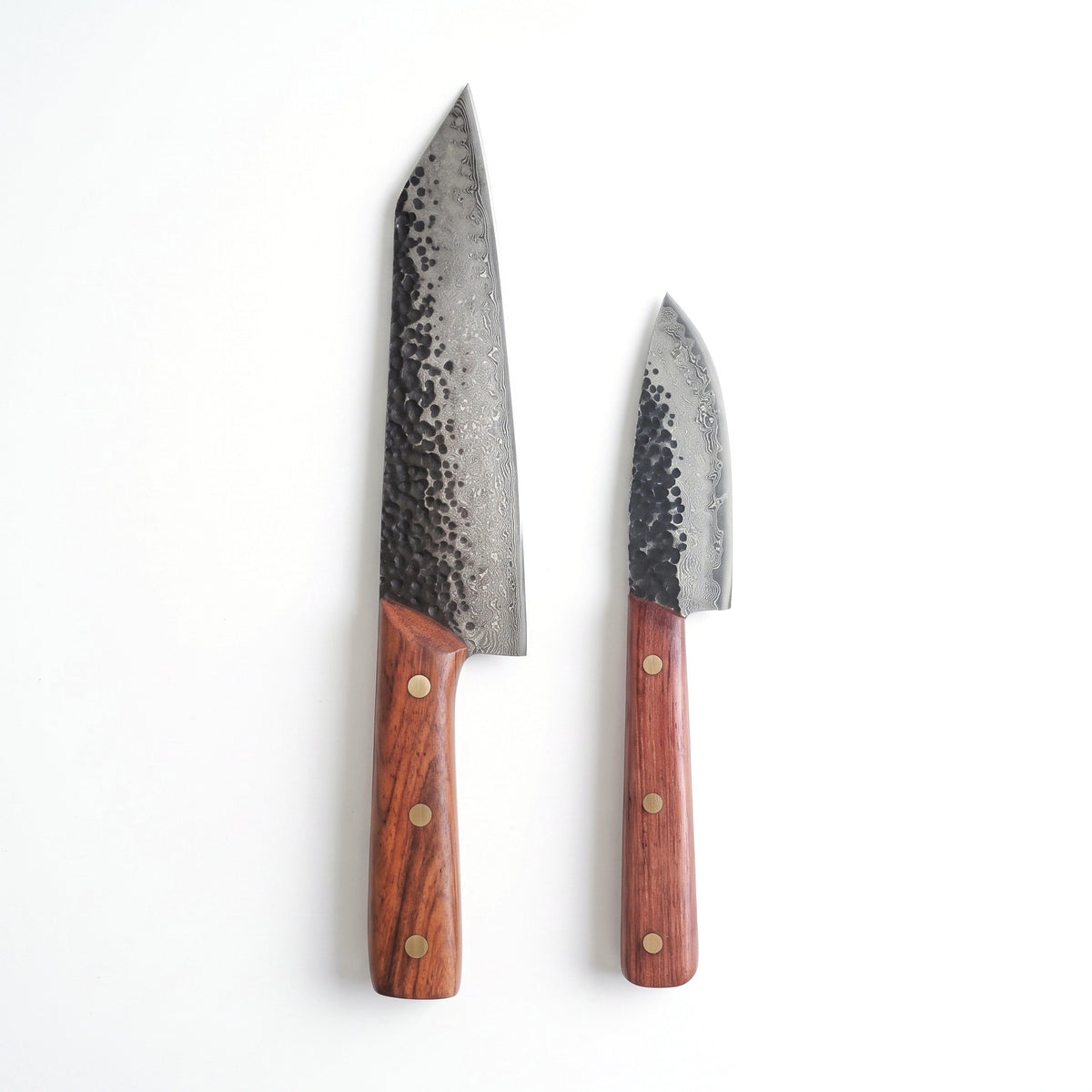 2-Piece Damascus Kitchen Knife Set | Rosewood & Brass, side profile on white