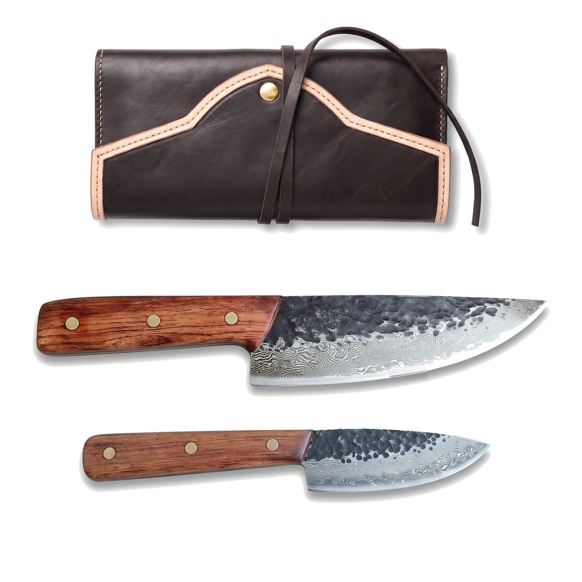 2-Piece Damascus Kitchen Knife Set | Rosewood, three-quarter view with the Crownridge knife roll