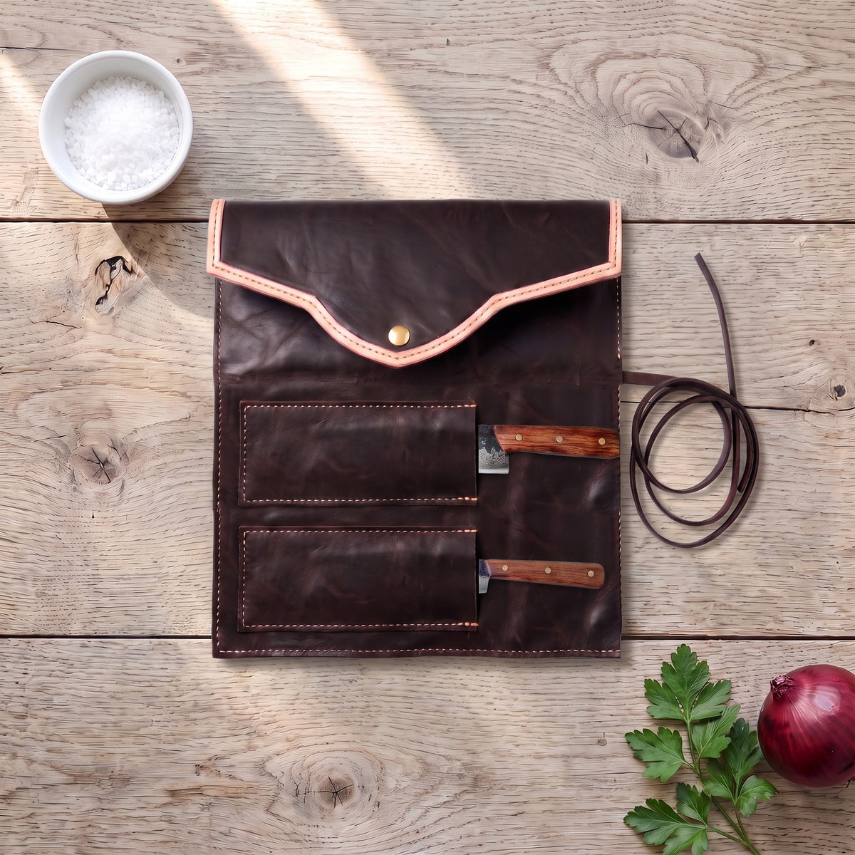 2-Piece Damascus Kitchen Knife Set | Rosewood, with the Crownridge knife roll in use