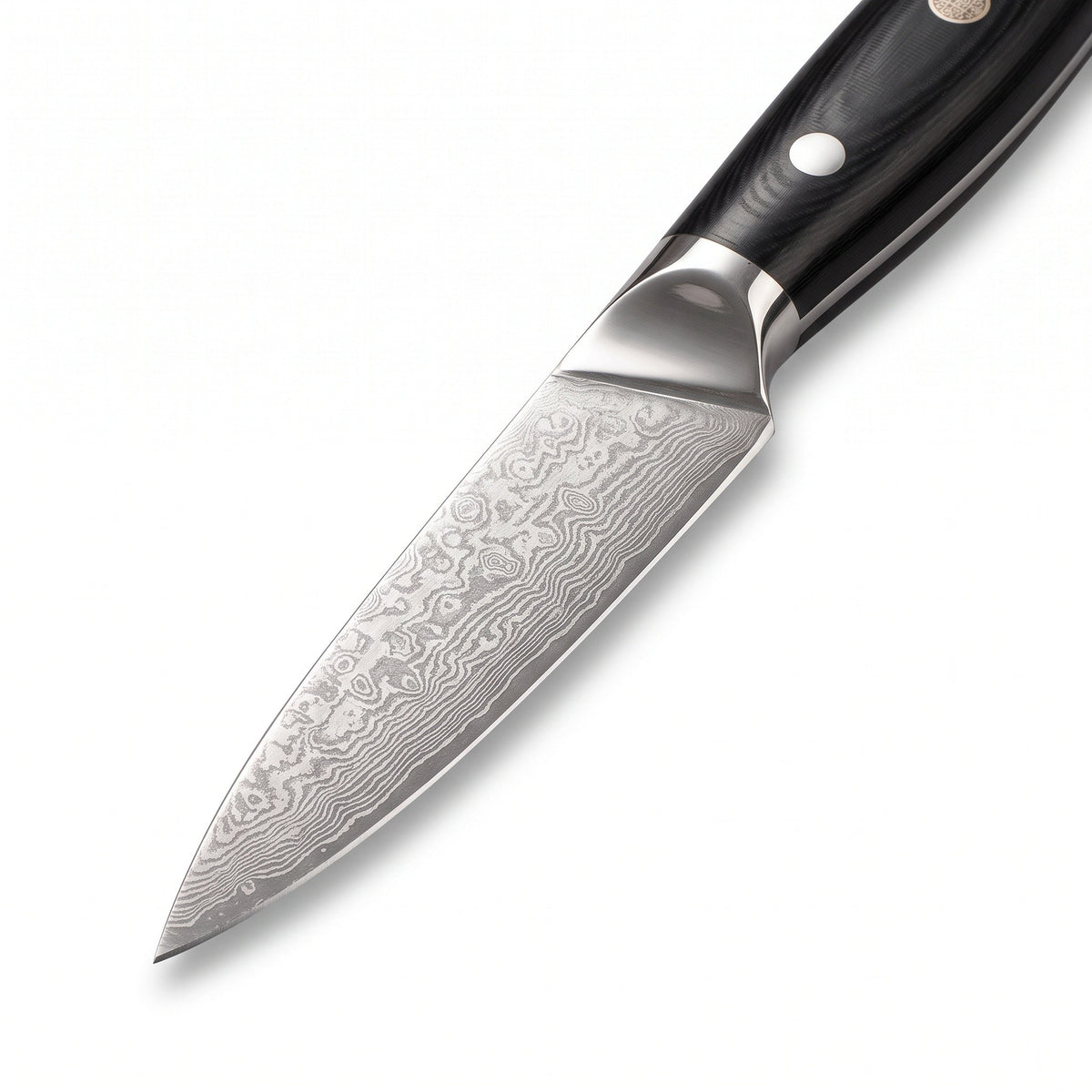 3.5" Damascus Paring Knife | Black Micarta, Damascus blade close-up