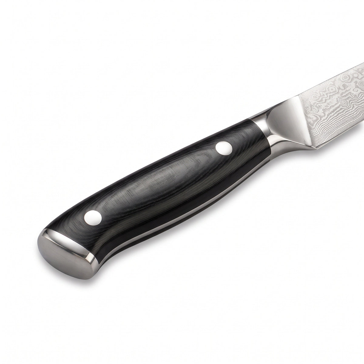 3.5" Damascus Paring Knife | Black Micarta, handle and fittings close-up