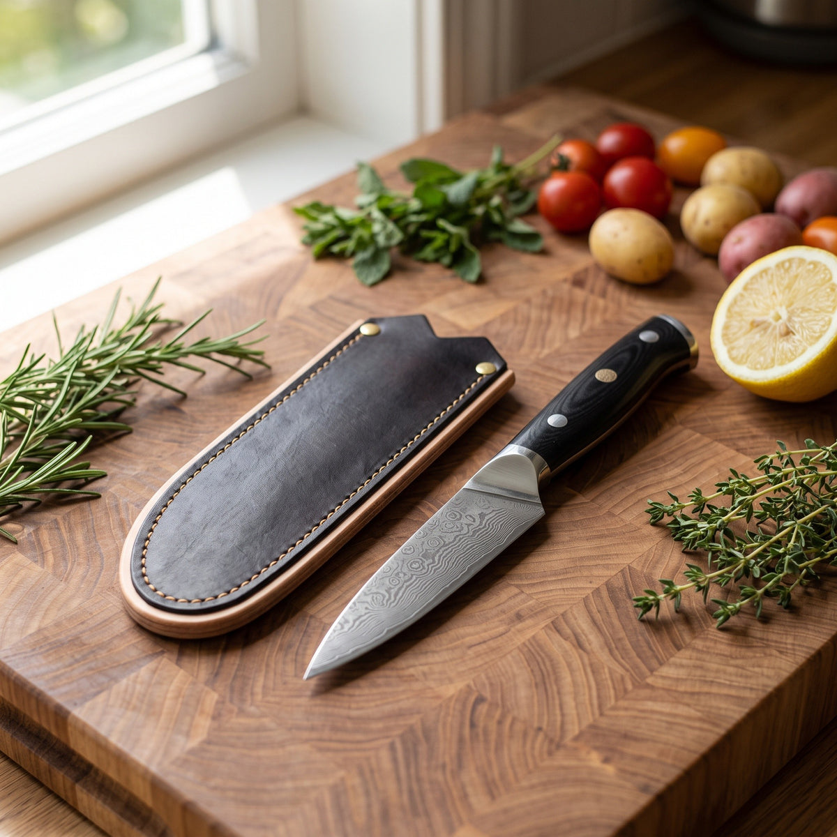 3.5" Damascus Paring Knife | Black Micarta, with the Crownridge blade guard in use
