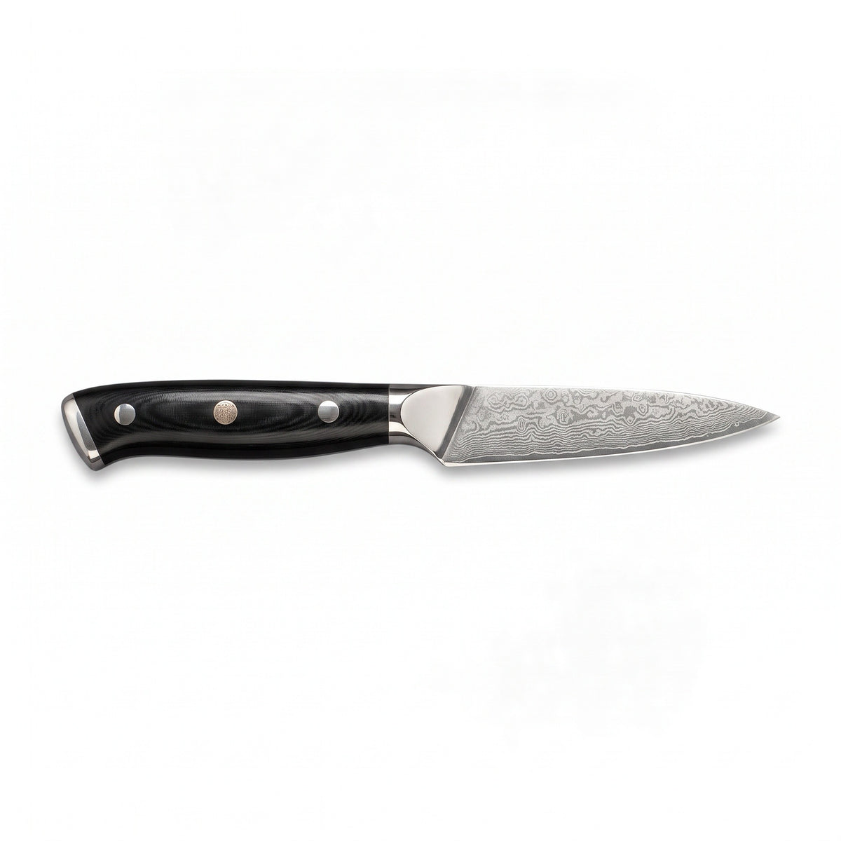 3.5" Damascus Paring Knife | Black Micarta, side profile on white