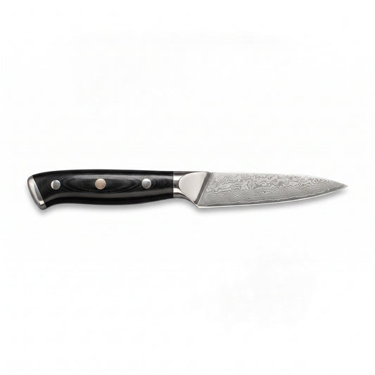 3.5" Damascus Paring Knife | Black Micarta, side profile on white