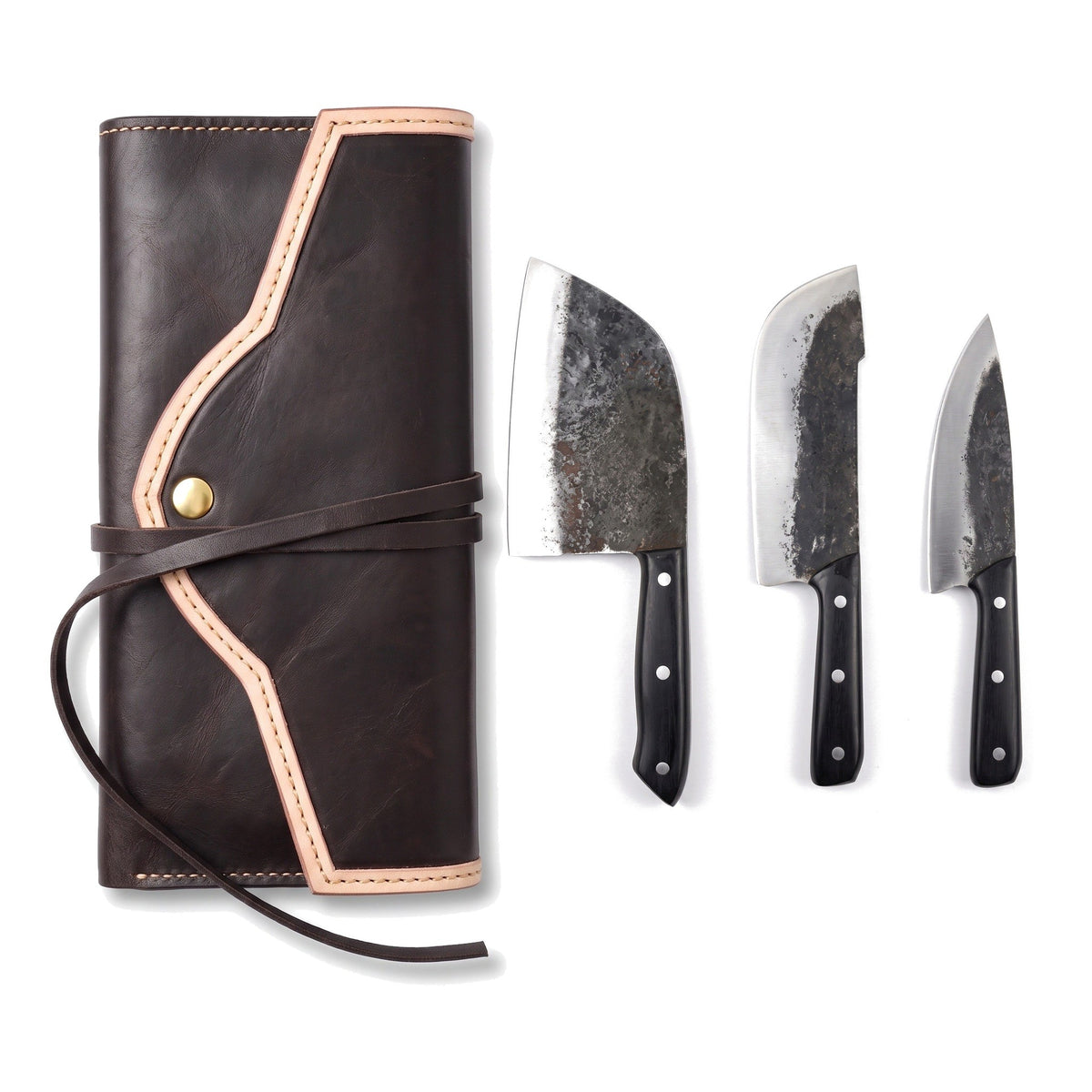 3-Piece Carbon Steel Kitchen Knife Set | Hardwood, three-quarter view with the Crownridge knife roll