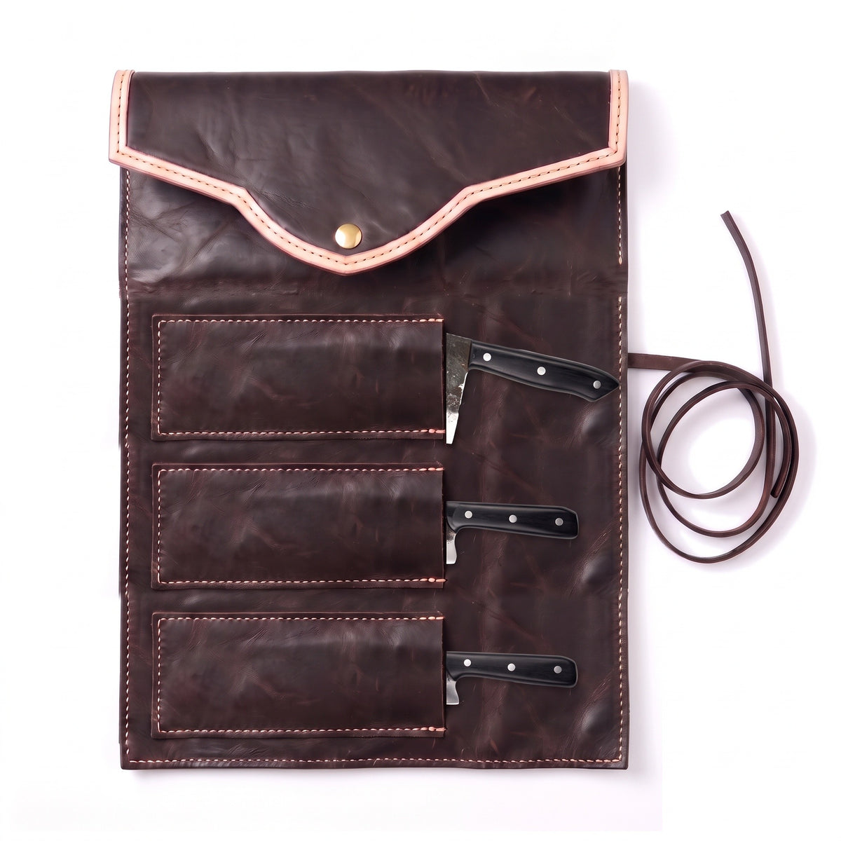 3-Piece Carbon Steel Kitchen Knife Set | Hardwood, seated in the Crownridge knife roll