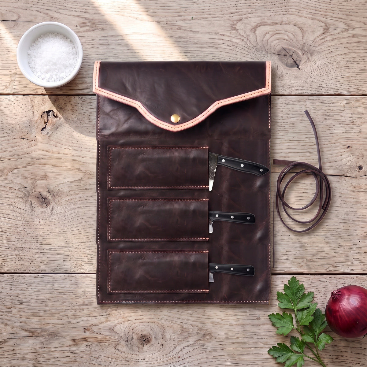 3-Piece Carbon Steel Kitchen Knife Set | Hardwood, with the Crownridge knife roll in use