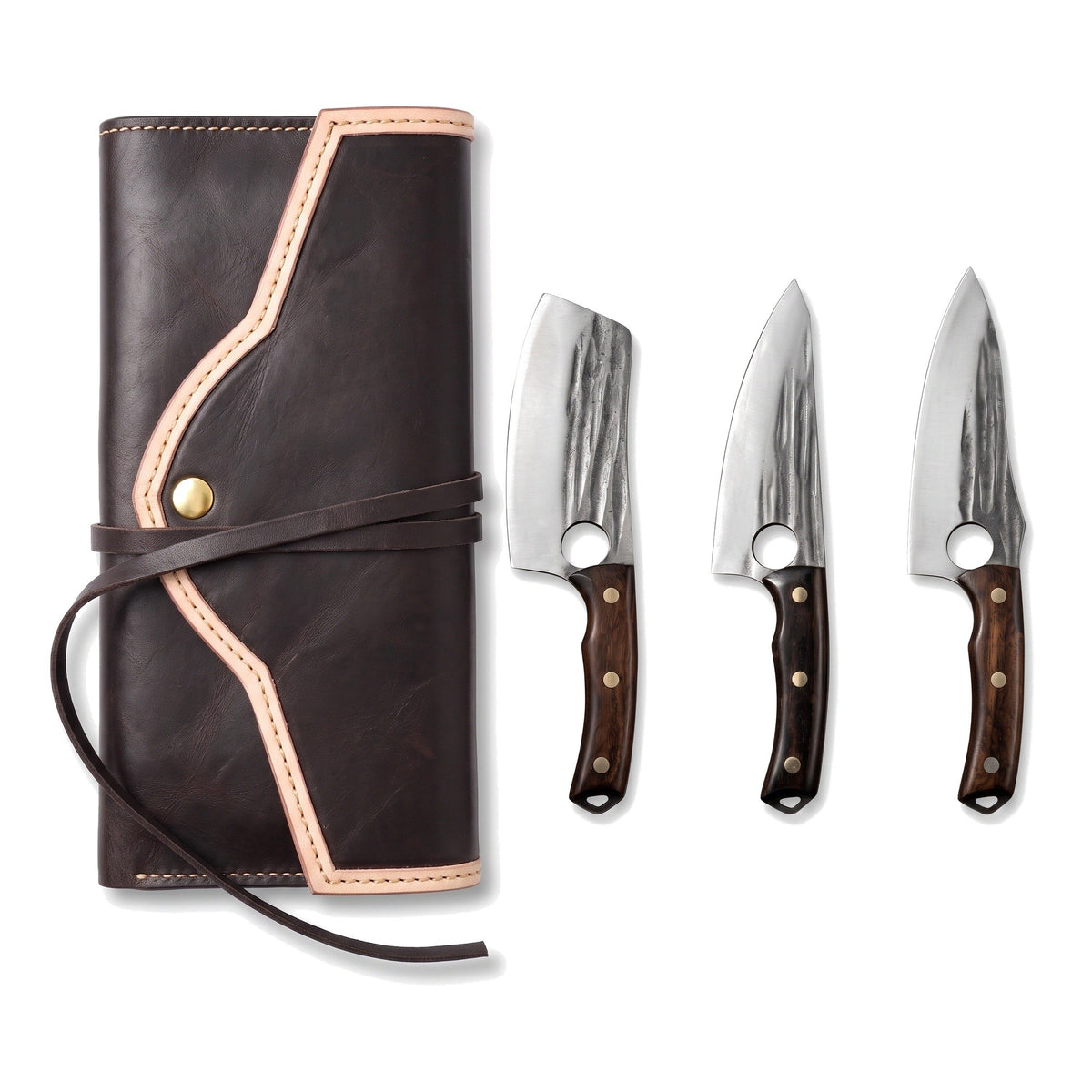3-Piece Carbon Steel Kitchen Knife Set | Wenge, three-quarter view with the Crownridge knife roll