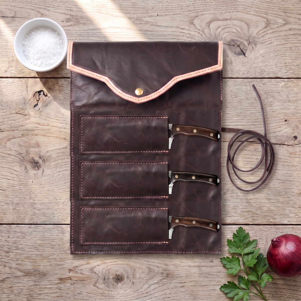 3-Piece Carbon Steel Kitchen Knife Set | Wenge, with the Crownridge knife roll in use