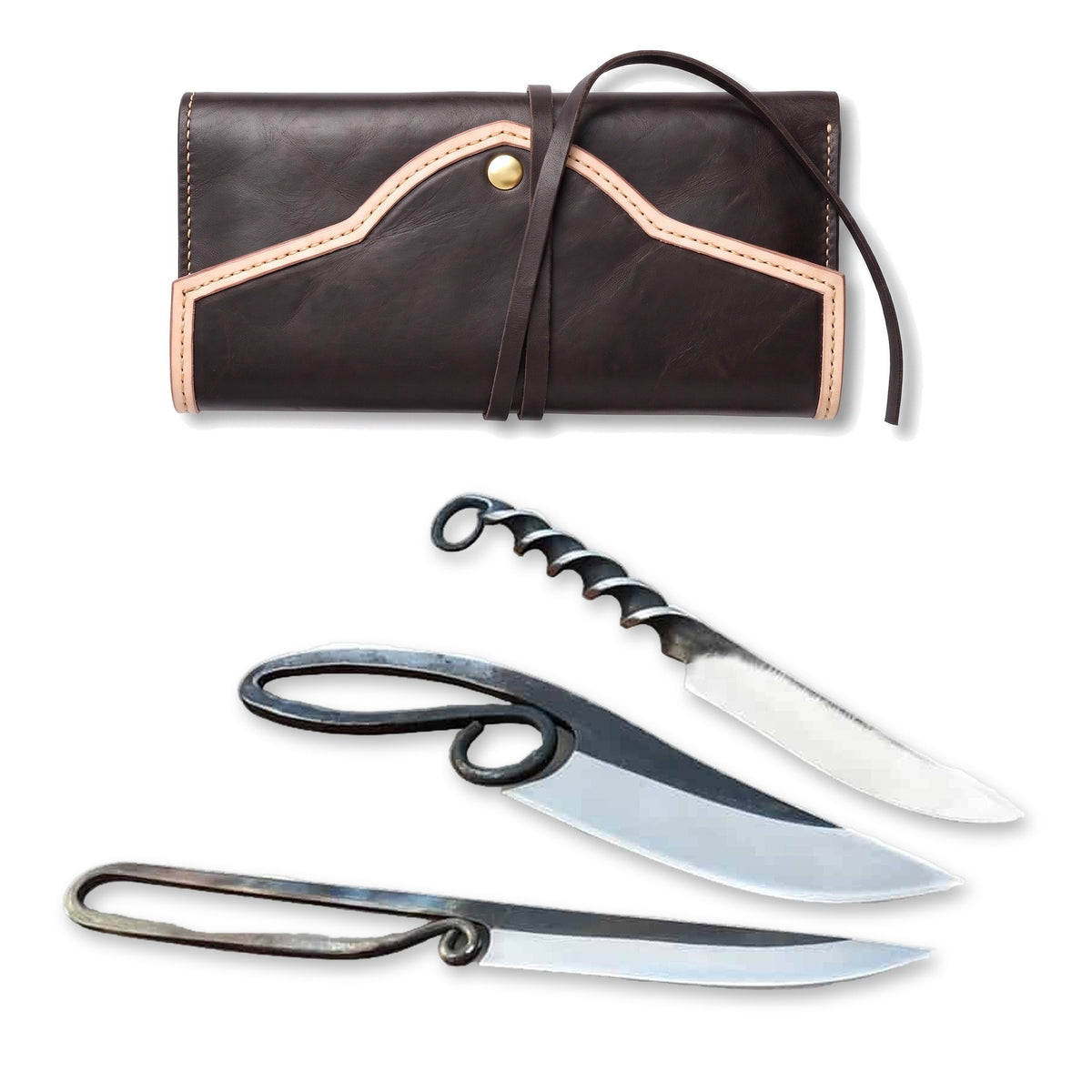 3-Piece Carbon Steel Viking Knife Set | Steel, three-quarter view with the Crownridge knife roll