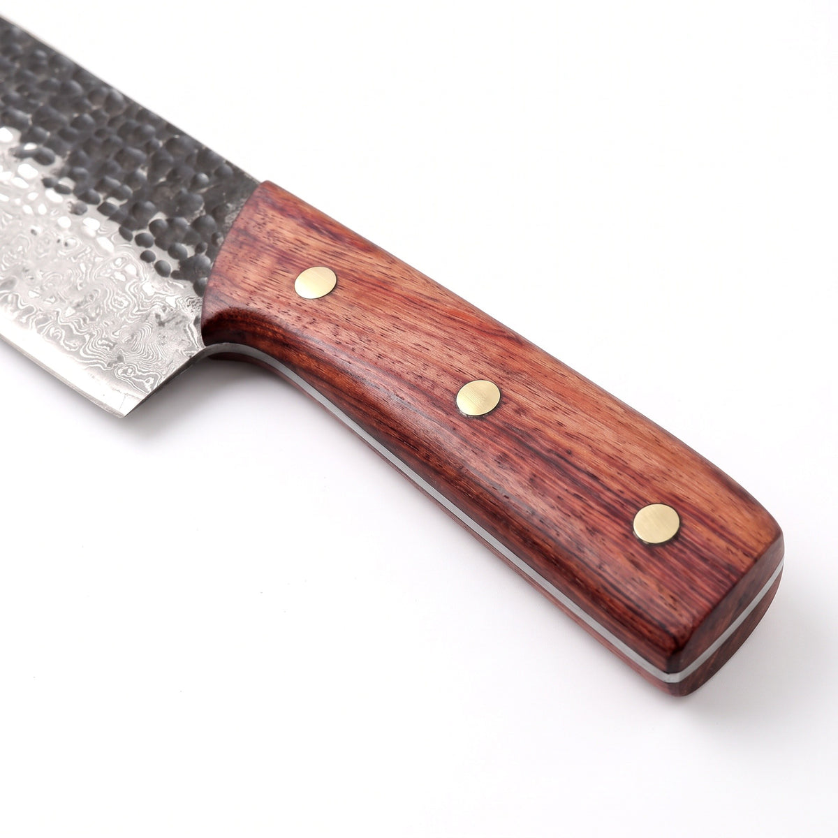 3-Piece Damascus Kitchen Knife Set | Rosewood & Brass, handle and fittings close-up