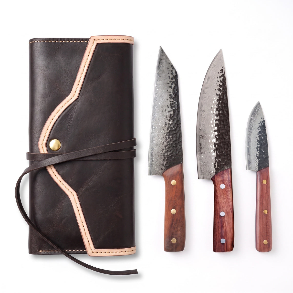 3-Piece Damascus Kitchen Knife Set | Rosewood & Brass, three-quarter view with the Crownridge knife roll