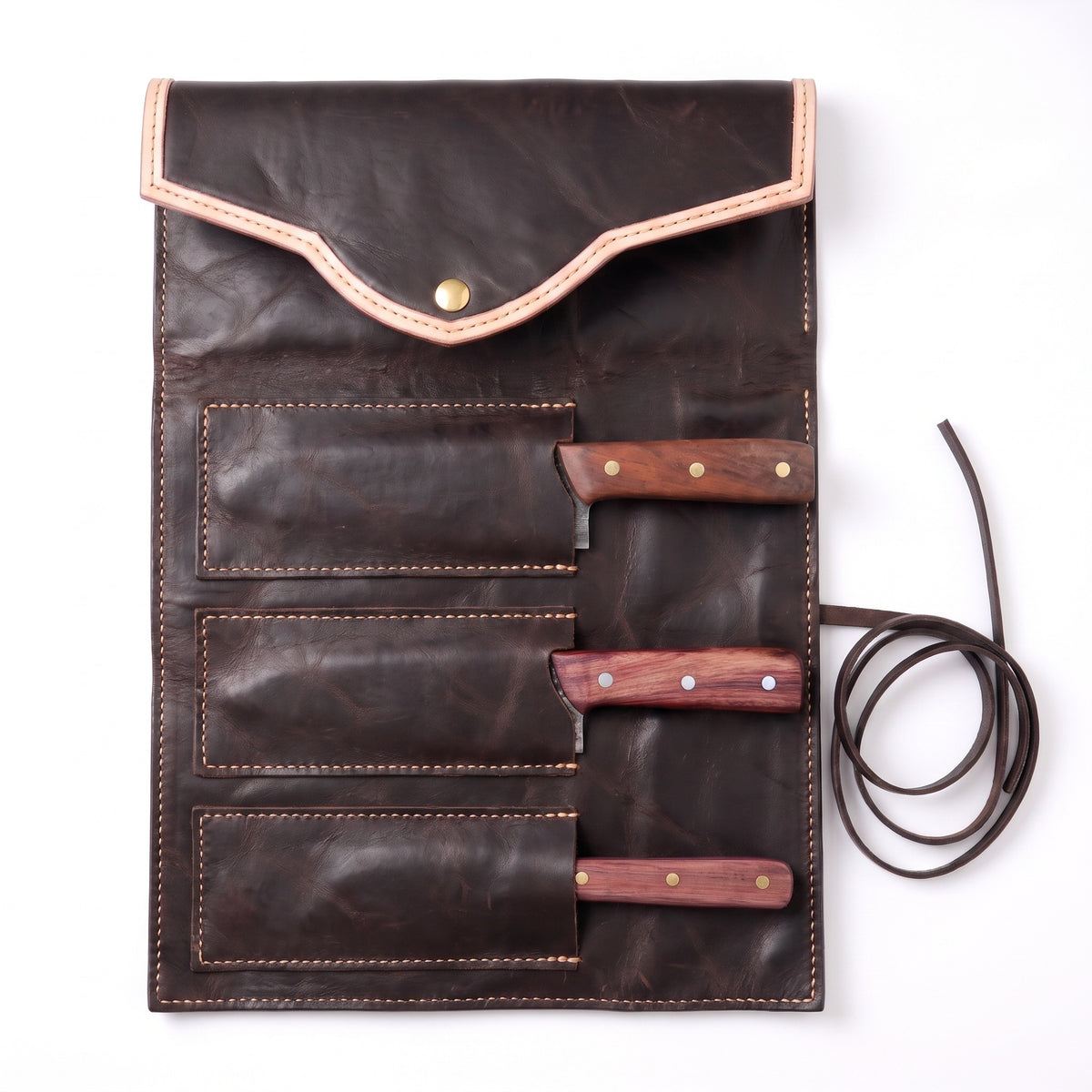 3-Piece Damascus Kitchen Knife Set | Rosewood & Brass, seated in the Crownridge knife roll