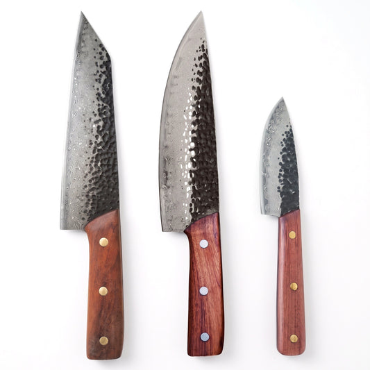 3-Piece Damascus Kitchen Knife Set | Rosewood & Brass, side profile on white