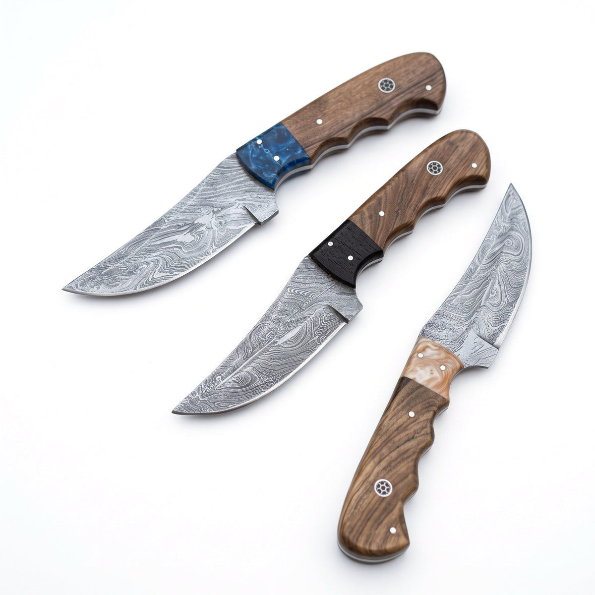 3-Piece Damascus Kitchen Knife Set | Rosewood, Damascus blade close-up