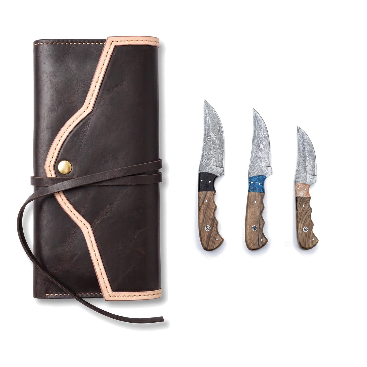 3-Piece Damascus Kitchen Knife Set | Rosewood, three-quarter view with the Crownridge knife roll