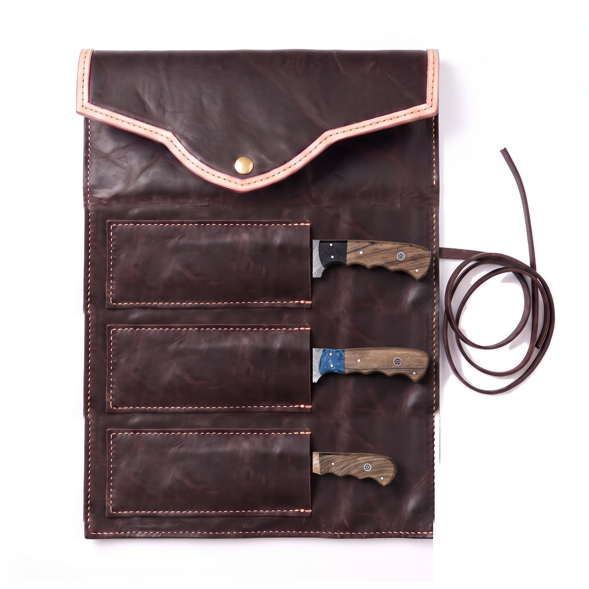 3-Piece Damascus Kitchen Knife Set | Rosewood, seated in the Crownridge knife roll