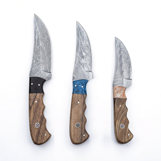 3-Piece Damascus Kitchen Knife Set | Rosewood, side profile on white