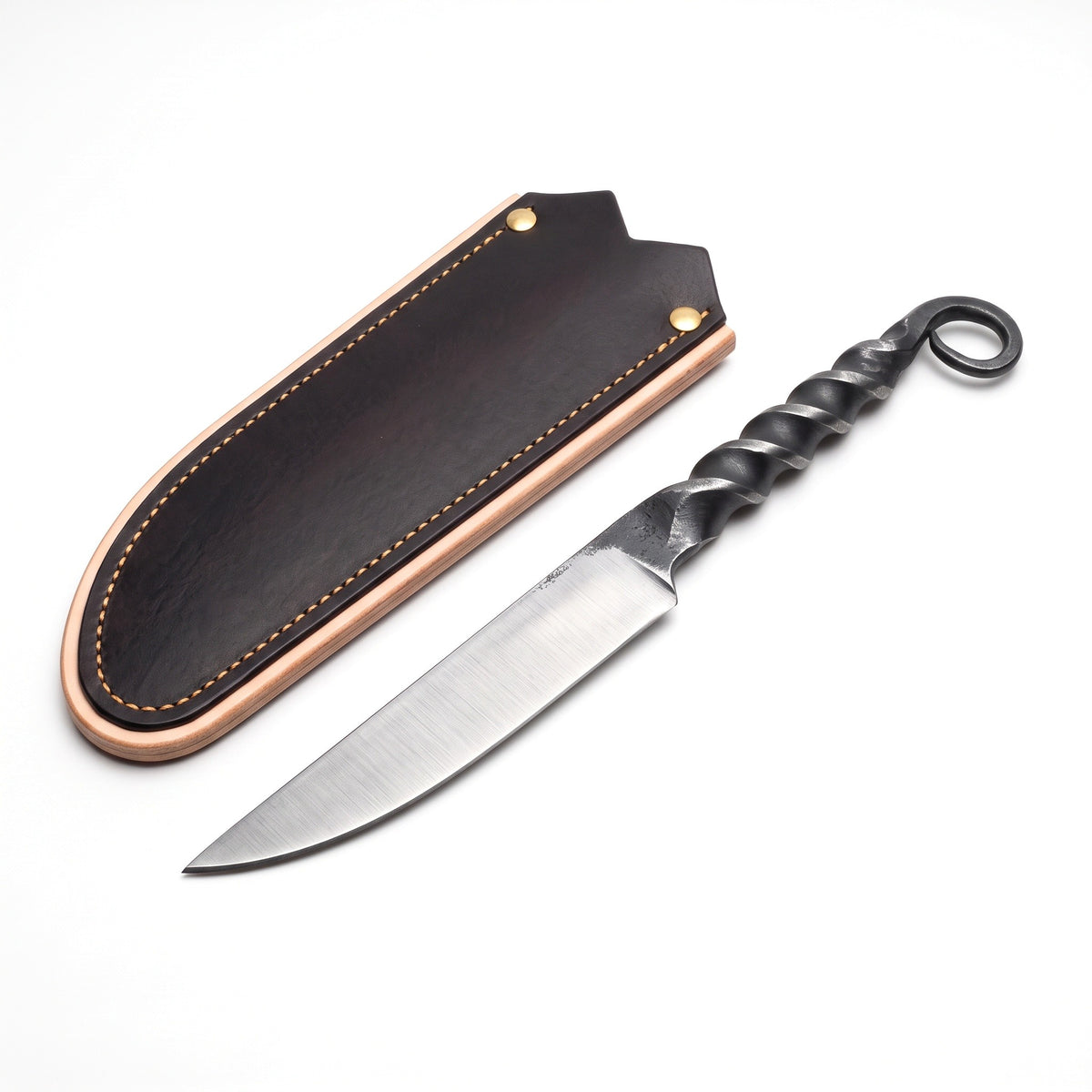 4.25" Carbon Steel Steak Knife | Steel, three-quarter view with the Crownridge blade guard